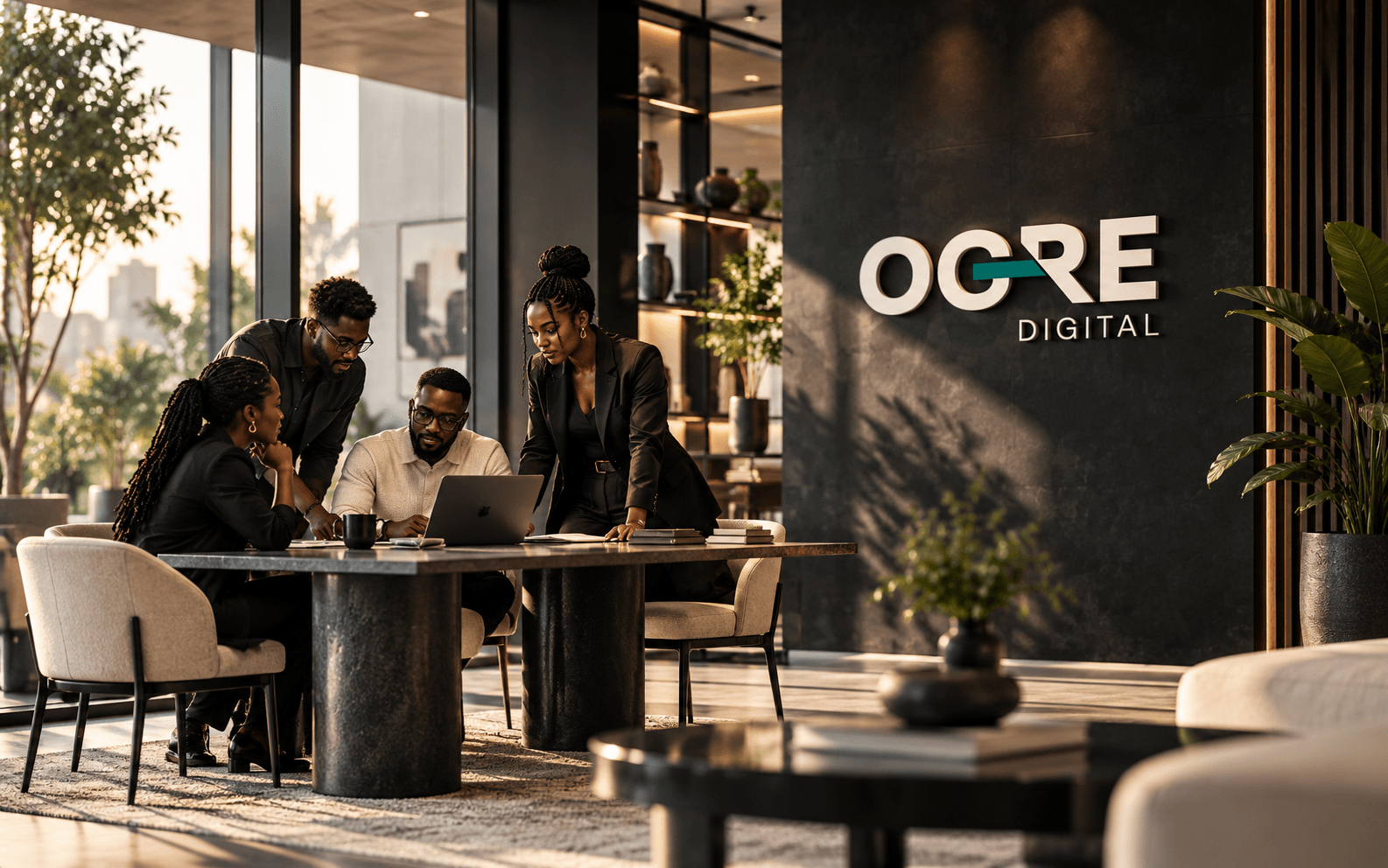OGRE Digital executive leadership and creative partners collaborating in modern luxury studio