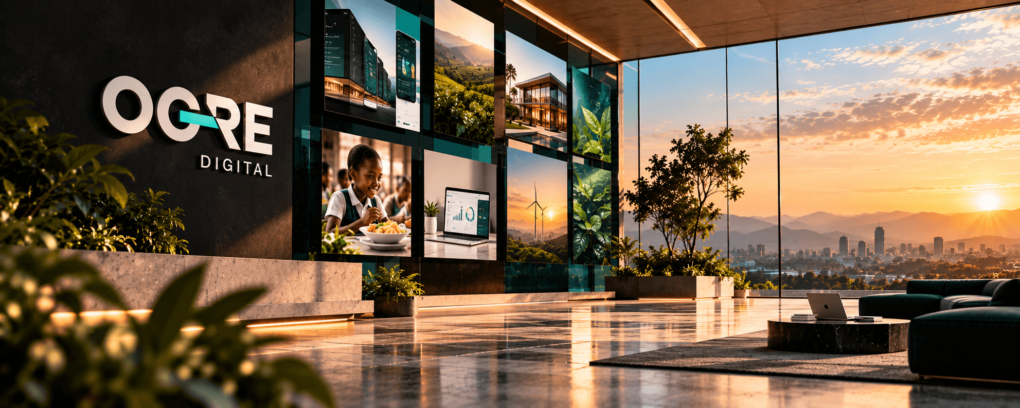 OGRE Digital digital portfolio exhibition wall with live case study screens overlooking Nairobi at dusk
