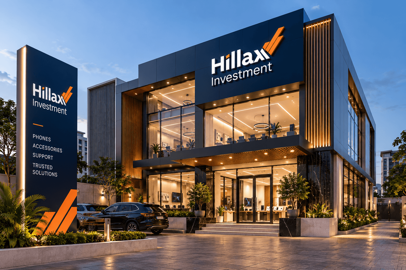 Sleek modern flagship showroom and premium enterprise brand architecture for Hillaxx Investment