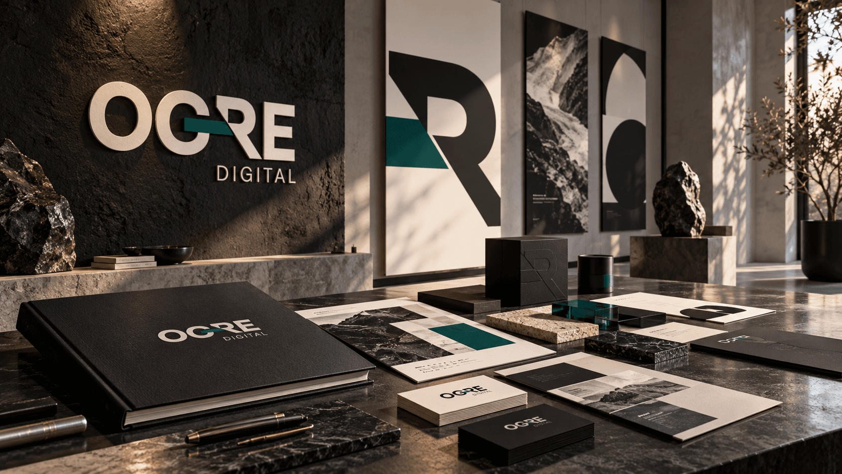 Official OGRE Digital luxury brand guidelines, embossed physical stationery, books, and identity tokens