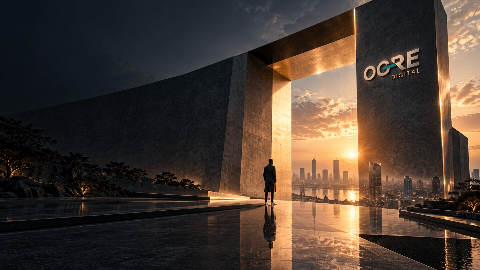 The Giant Horizon: Monumental OGRE Digital architectural gateway framing glowing modern metropolis at sunset