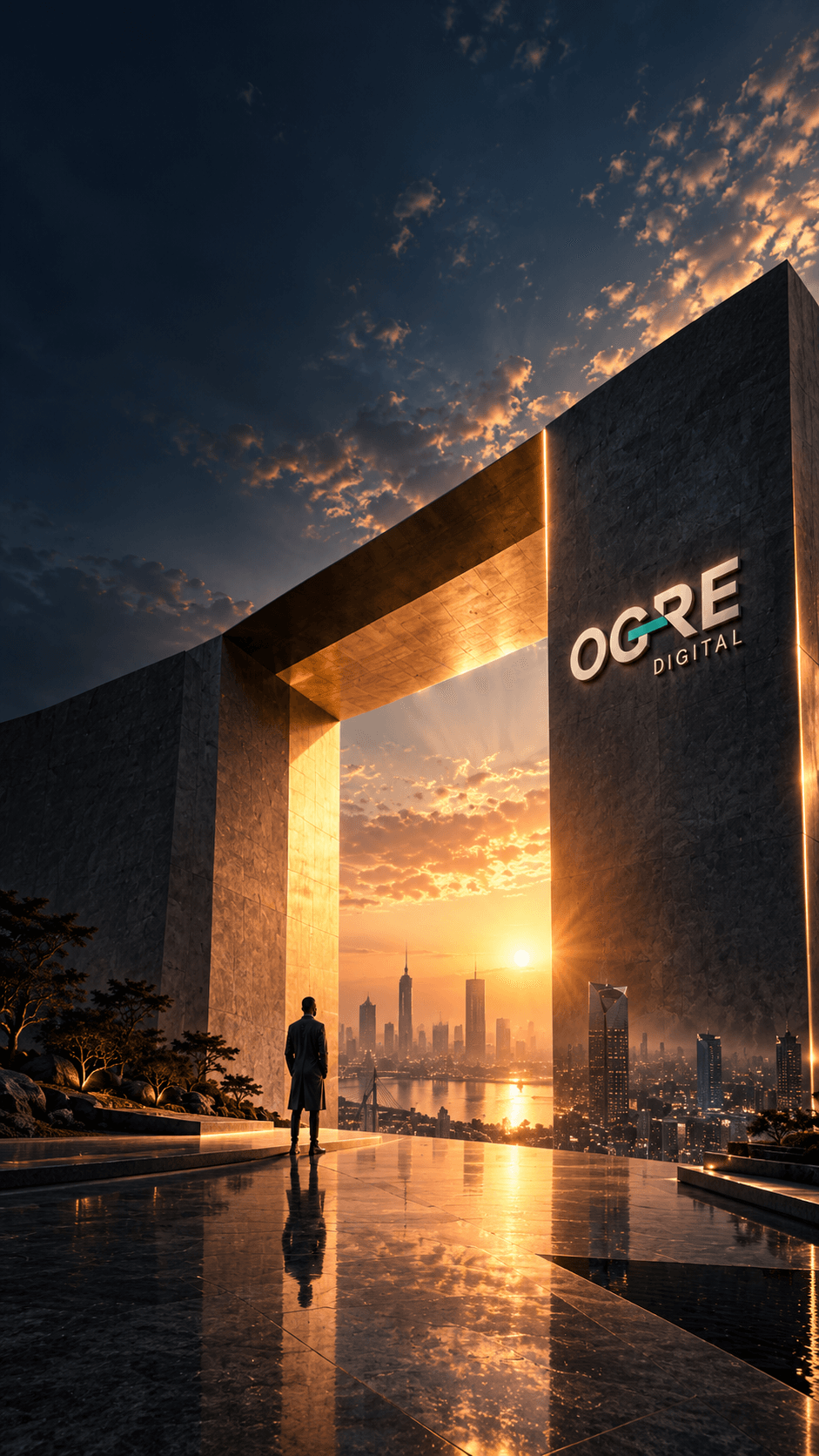 The Giant Horizon: Monumental OGRE Digital gateway overlooking vibrant city skyline at twilight