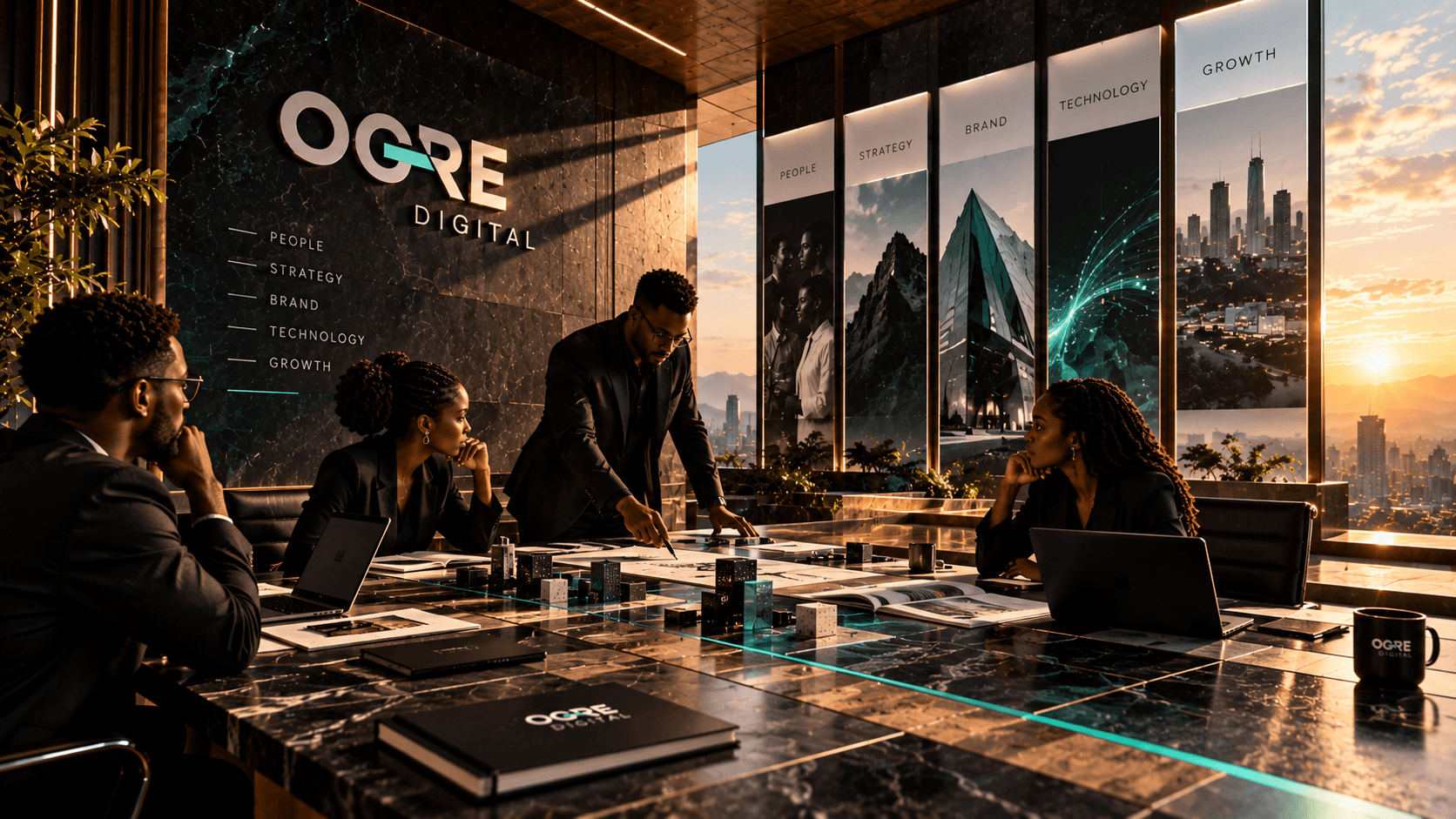 OGRE Digital executive boardroom aligning people, strategy, brand, technology, and growth on architectural displays
