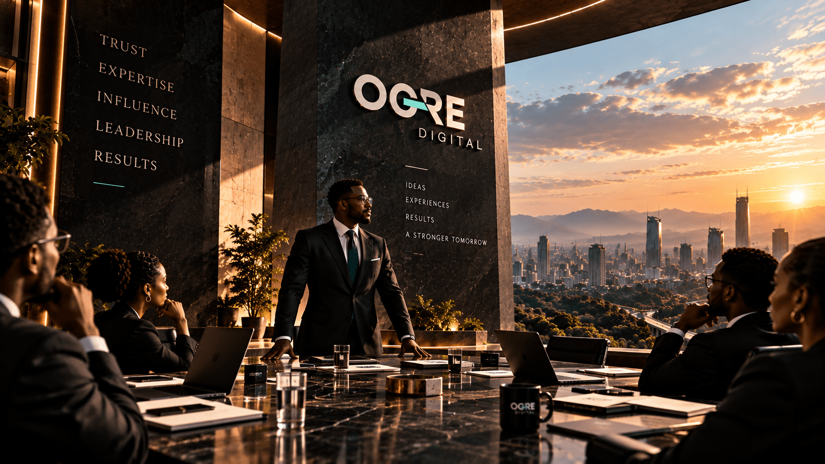 OGRE Digital executive leadership presiding over high-stakes board meeting embodying market authority