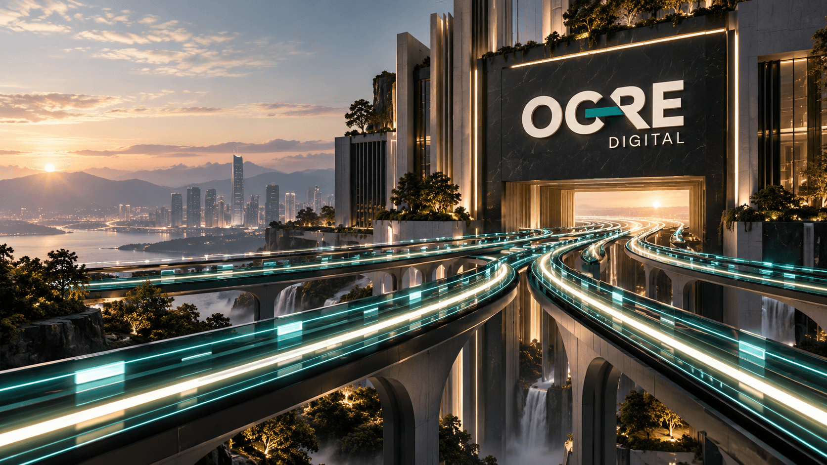 Monumental architectural infrastructure with glowing teal compounding digital rails into the future