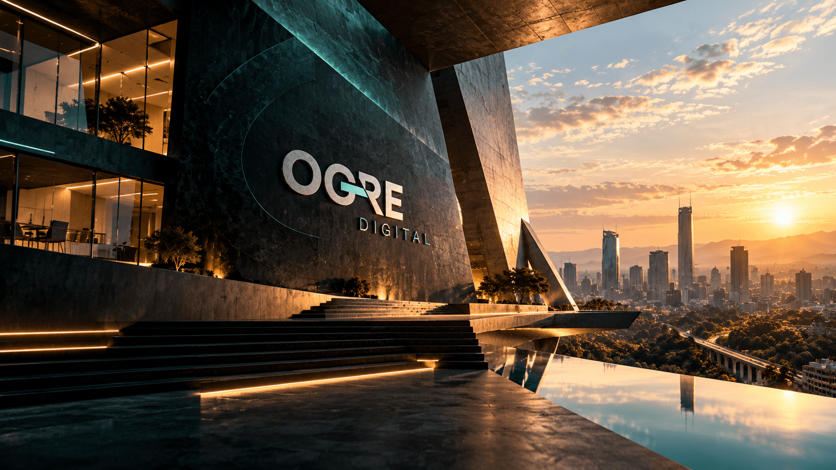 OGRE Digital monumental contemporary corporate architectural headquarters overlooking Nairobi skyline at sunset