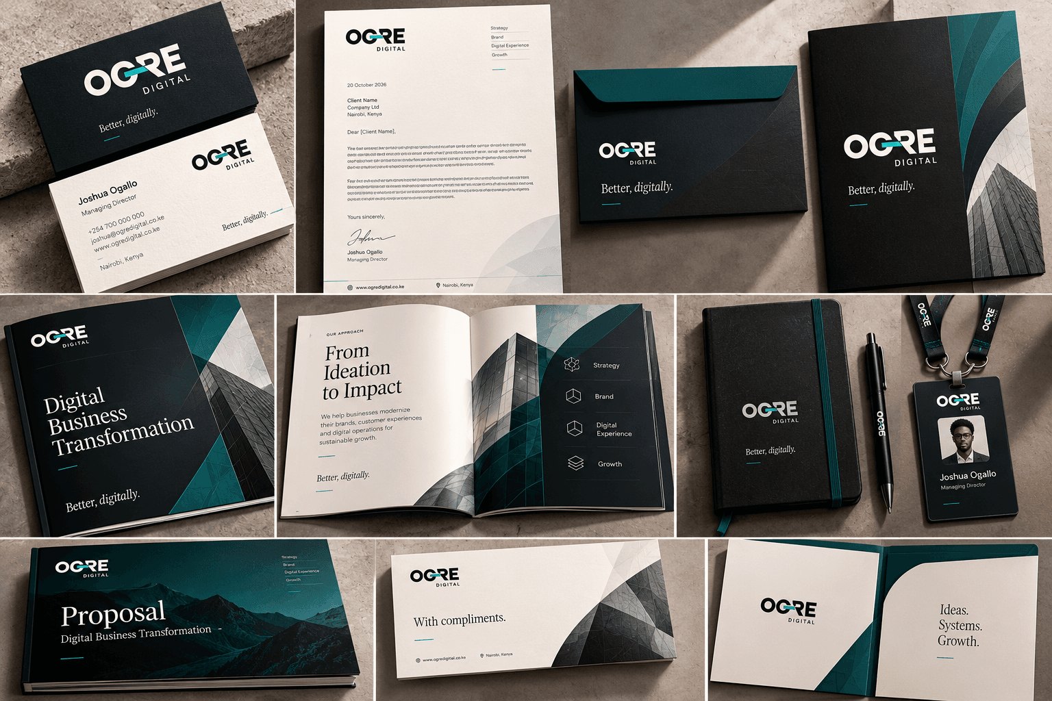 Official OGRE Digital stationery suite, business cards, proposals, and identity tokens