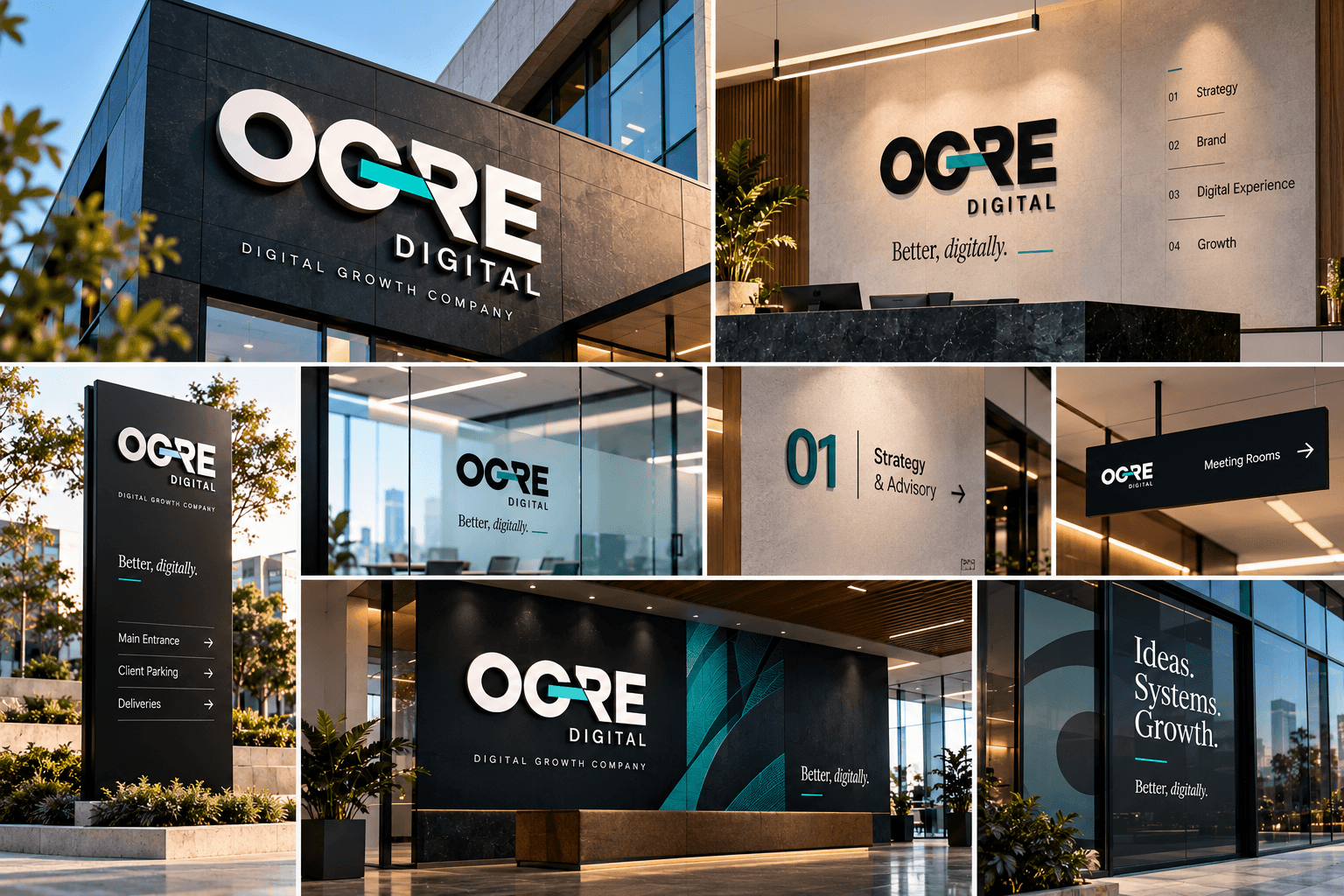 Official OGRE Digital architectural signage, reception wall, and spatial wayfinding suite