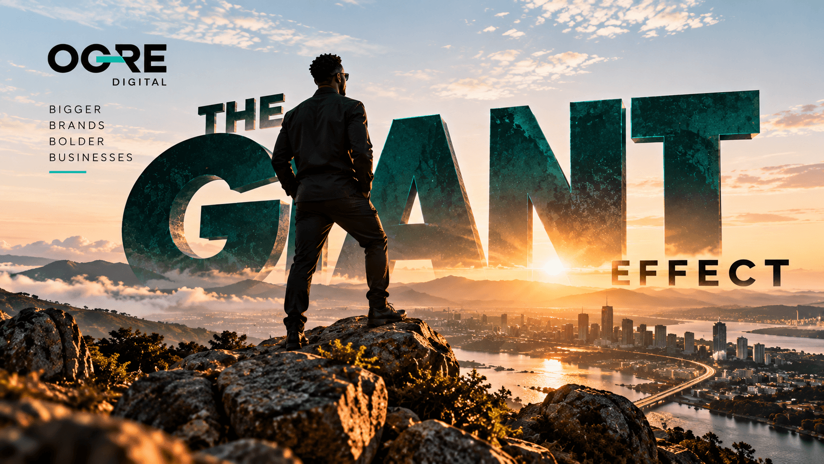 The Giant Effect: Outsized commercial stature, visionary leadership overlooking metropolitan horizon